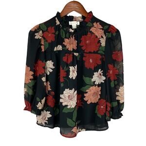 Monteau Blouse Black Floral Ruffle Neck Sheer Lined Puff Shoulder Juniors XL